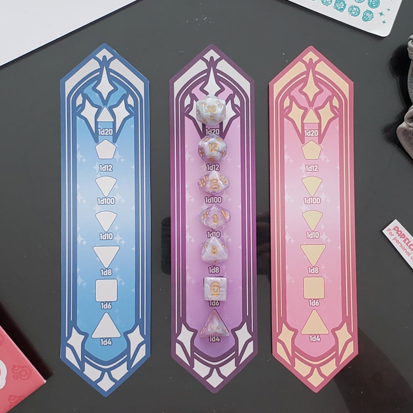 PDF FILE. TTRPG, Polyhedral dice Placemats for Roleplaying games downloadable printable craft Red Blue Pink Dragons Shield Sparkle Cute