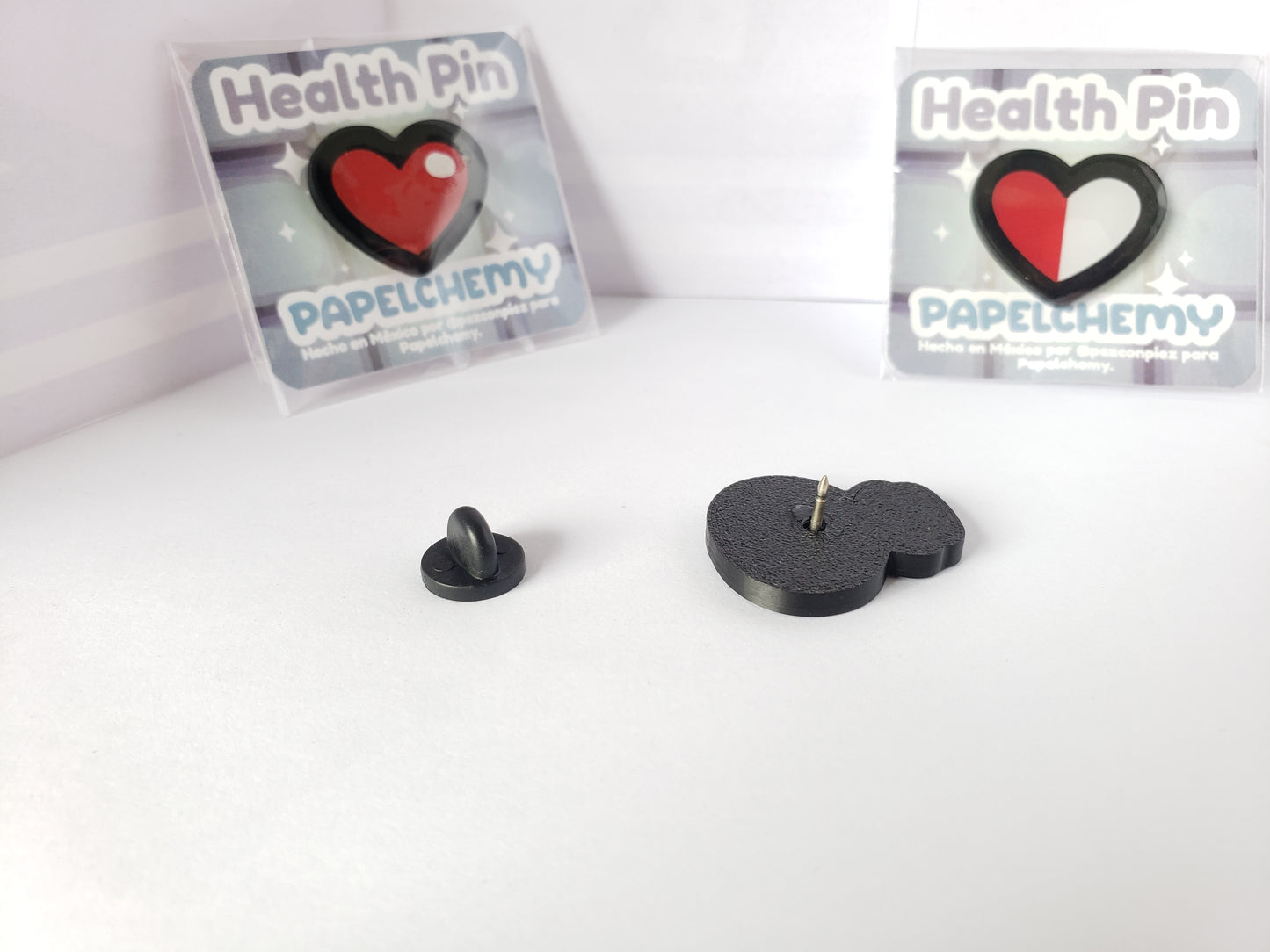 Plastic RPG Health Accessory Pins: Potion, Heart, Half-filled Heart