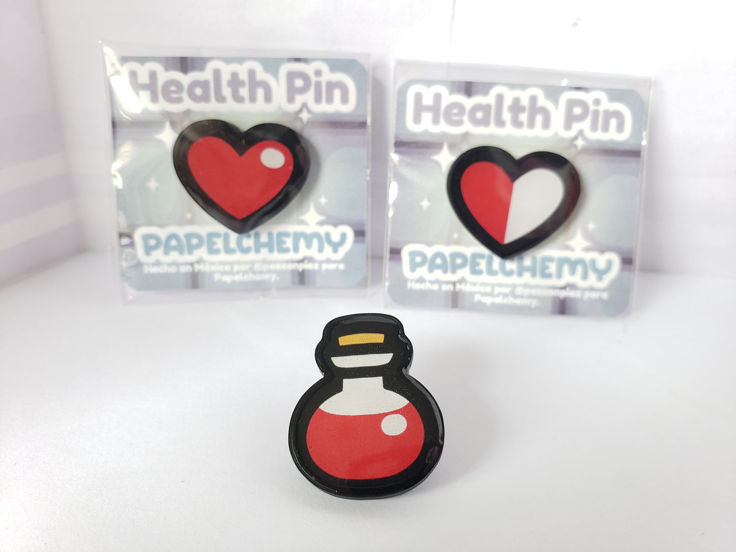 Plastic RPG Health Accessory Pins: Potion, Heart, Half-filled Heart